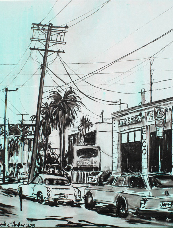Abbot Kinney 1 | 24″ x 24″ x 2″ | ink & acrylic on canvas | by Brooke Harker | SOLD