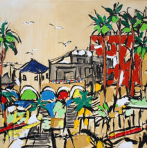 Venice Town | 24″ x 36″ x 1.75″ | ink, acrylic & oil on canvas | by Brooke Harker