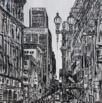 Street Lamps of LA | 84″ x 66″ x 3.75″ | ink & acrylic on canvas | by Brooke Harker | SOLD