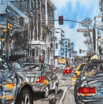 Beverly Hills Traffic | 66″ x 46″ x 3.75″ | ink, acrylic & oil on canvas | by Brooke Harker | SOLD