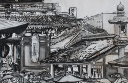 Tokyo Temple Umbrellas | 72″ x 51″ x 3.75″ | ink & acrylic on canvas | by Brooke Harker