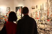 art patrons viewing paintings by Brooke Harker