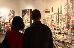 art patrons viewing paintings by Brooke Harker