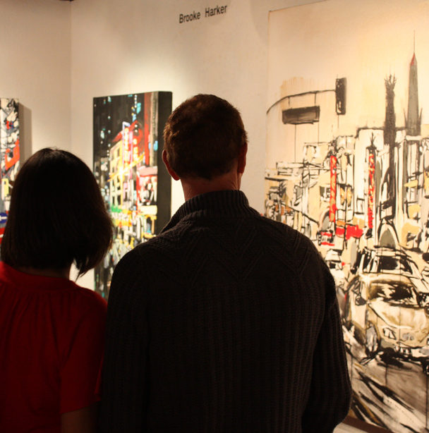 art patrons viewing paintings by Brooke Harker