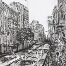 Afternoon Downtown 2 | 84″ x 66″ x 3.75″ | ink & acrylic on canvas | by Brooke Harker | SOLD