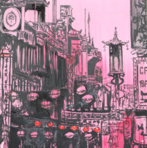 Sister Chinatown | 50″x 33″ x 2.75″ | ink, oil & acrylic on canvas | by Brooke Harker | SOLD