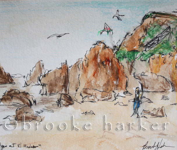 Kite Flyer at El Matador | 5″ x 7.75″ | Ink, watercolor, pencil | SOLD