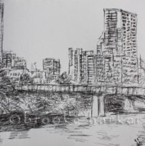 Austin Skyline at Dusk | 4″ x 5″ | Ink, watercolor & pencil