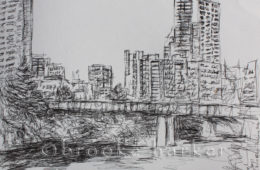 Austin Skyline at Dusk | 4″ x 5″ | Ink, watercolor & pencil