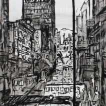 Angel City 1 | 64″ x 48″ x 2″ | ink and acrylic on canvas | by Brooke Harker | SOLD