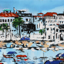 Tanzania Harbor | 34″ x 61.5″ | ink, oil & acrylic on canvas | by Brooke Harker | SOLD