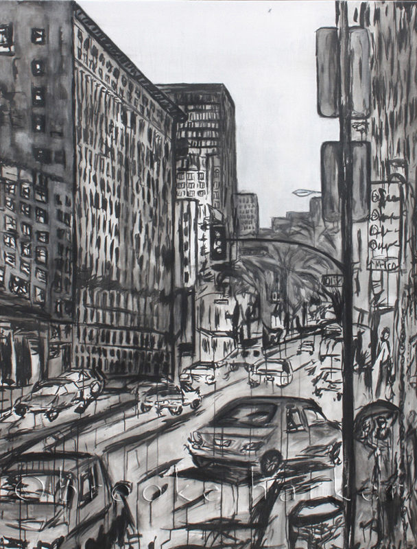 Urban Rain | 84″ x 66″ x 3.75″ | ink & acrylic on canvas | by Brooke Harker | SOLD