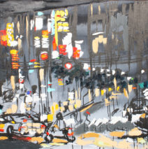 Tokyo Night 1 | 36″ x 36″ x .75″ | ink, oil & acrylic on canvas | by Brooke Harker | SOLD