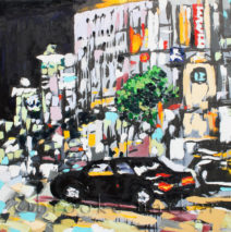 Tokyo Night 2 | 36″ x 36″ x .75″ | ink, oil & acrylic on canvas | by Brooke Harker | SOLD