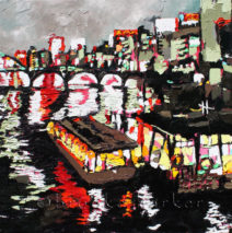 Tokyo Night Boats | 36″ x 36″ x .75″ | ink, oil & acrylic on canvas | by Brooke Harker | SOLD