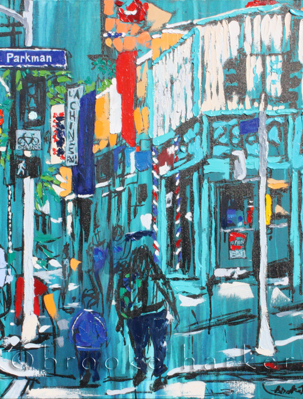 Silverlake Crossing | 32″ x 30″ x 1.75″ | ink, oil & acrylic on canvas | by Brooke Harker | SOLD