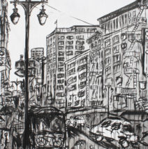 Afternoon Downtown 1 | 84″ x 66″ x 3.75″ | ink & acrylic on canvas | by Brooke Harker | SOLD
