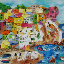 “Manarola”  | 16″ x 20″ | Ink, Oil & Acrylic on Canvas | by Brooke Harker | SOLD