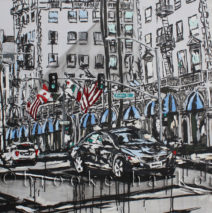 “Across Rodeo” | 36″ x 54″| ink, oil & acrylic on canvas | by Brooke Harker | SOLD