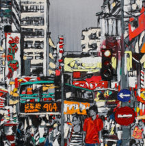 Hong Kong Crossing | 40″x 26″ x 2.75″ | ink, oil & acrylic on canvas | by Brooke Harker | SOLD