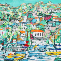 “Avalon Days 1″ | 62″ x 75″ x 2.5” | ink, oil & acrylic on canvas | by Brooke Harker | SOLD