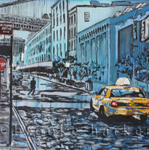“Brooklyn at Dusk” | 54″ x 78″ | ink, oil & acrylic on canvas | by Brooke Harker | SOLD