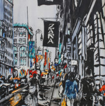 “Forever New Yorkers” | 40″ x 28″ x 2.75″ | ink, oil & acrylic on canvas | by Brooke Harker | SOLD