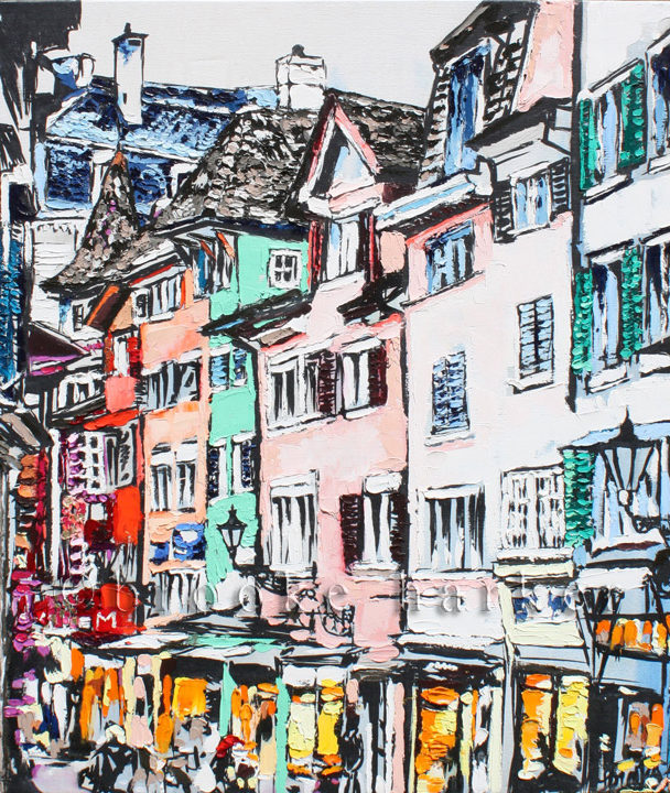 Windows of Switzerland | 30″ x 30″ x 2.75″ | ink, oil & acrylic on canvas | by Brooke Harker  | SOLD