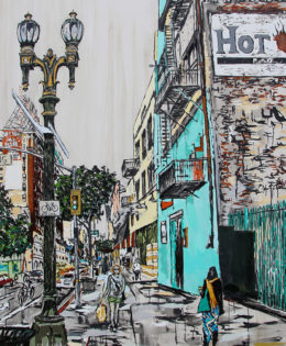 Downtown Stride | 90 x 60 | ink, oil & acrylic on canvas| by Brooke Harker