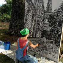 Brooke Harker painting Sisters in Paris on location in Asheville, NC