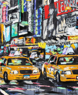 Parade of Taxis | 32 x 38 | ink, oil & acrylic on canvas | by Brooke Harker