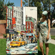 artist Brooke Harker with the completed painting “Urban River”