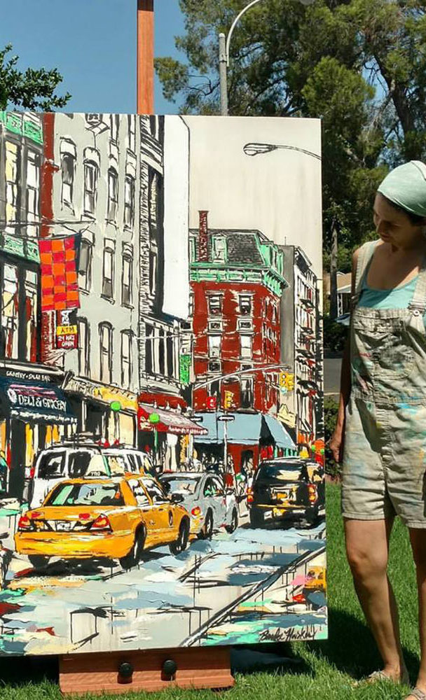 artist Brooke Harker with the completed painting “Urban River”