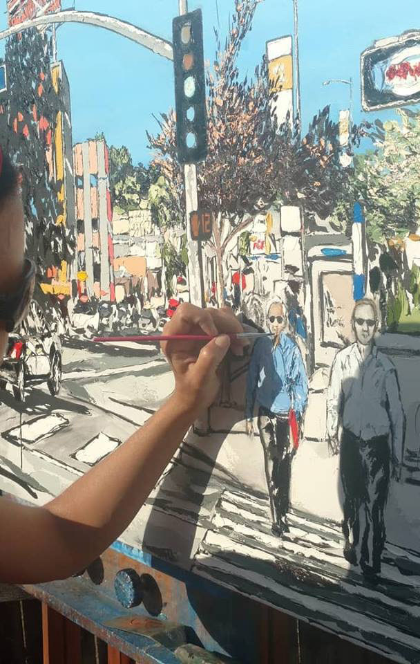 close up of Harker painting “Walks in Time 1”