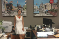 Brooke Harker at the office installation of “Walks in Time 1 & 2”