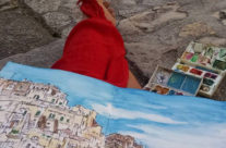 sitting with ink & watercolor paintings in Matera, Italy
