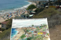 watercolor of Crystal Cove on location in Newport Beach, CA