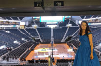 artist Brooke Harker next to the arena in the Chase Center