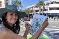 artist Brooke Harker on location in Santa Monica sketching