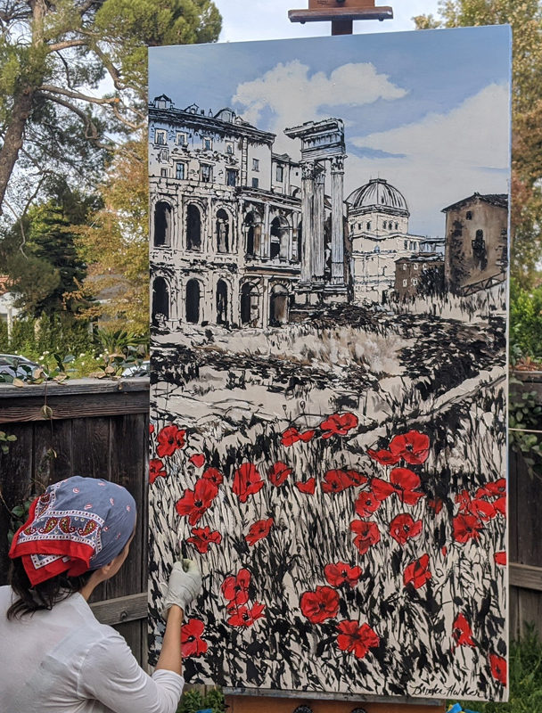 Artist Brooke Harker painting the early stages of “Spring in Rome”