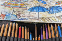 A sketch by Harker of umbrellas in Laguna Beach