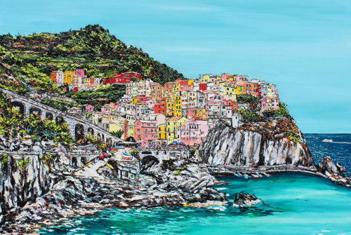 Manarola Memories | 62 x 80 | ink oil and acrylic on canvas | by Brooke Harker