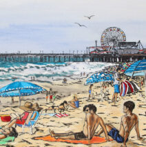 “Borgheses at the Beach” | 29″ x 60 | ink oil and acrylic on canvas | by Brooke Harker | SOLD